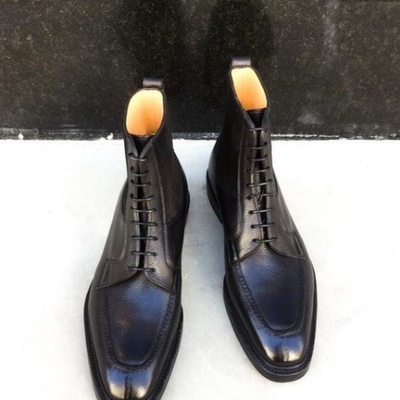 Handmade black grain leather men ankle high lace up boot - Thumbnail 4