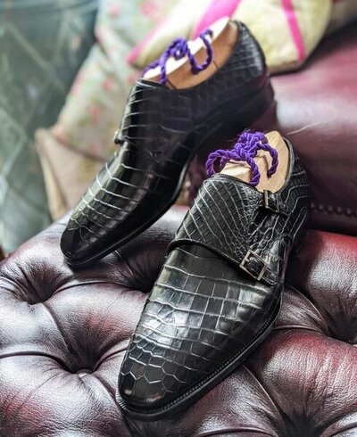 Handmade Mens Black Crocodile Leather Monk Strap Dress Formal Shoes