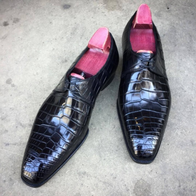 Handmade Mens Black Exotic Crocodile Derby with Handsewn Classic Dress Shoes