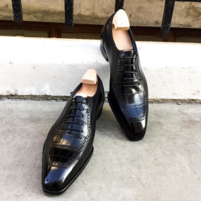 Handmade Men Black Calf Black Crocodile Leather Oxford Lace up Dress Shoes