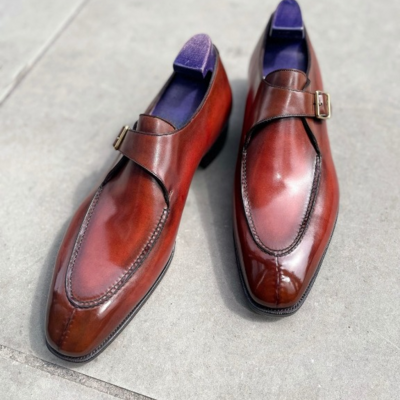 Handmade men red patina leather monk strap loafers dress formal shoes - Thumbnail 4