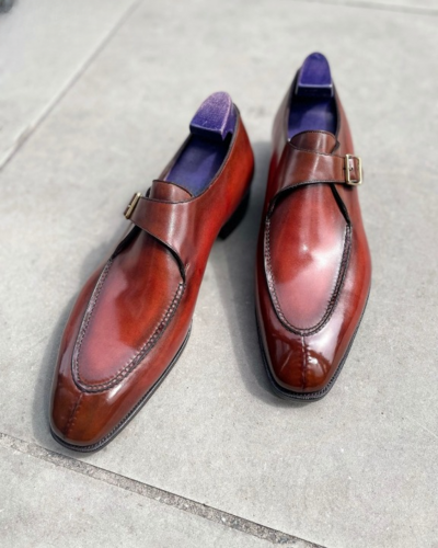 Handmade Men Red Patina Leather Monk Strap Loafers Dress Formal Shoes