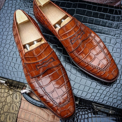 Handmade Men Brown Crocodile Leather Alligator Loafers Dress Shoes