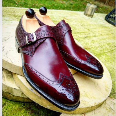 Burgundy patina leather wingtip monk strap dress shoes - Thumbnail 4