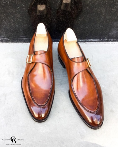 Handmade Mens Tan Leather Single Monk Strap Shoes