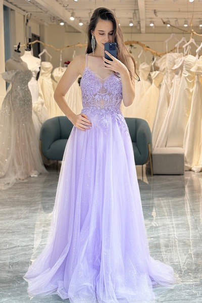 A Line Light Purple Prom Dress Long Evening Dress With Appliques,PD231352