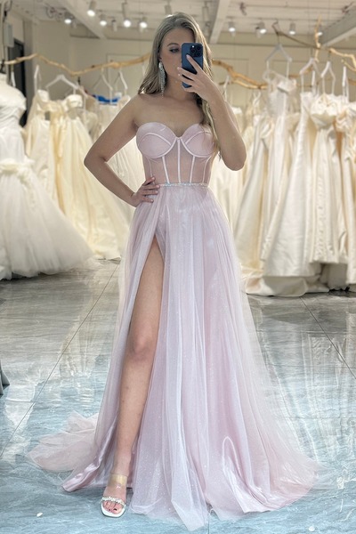 A Line Light Pink Prom Dress ,Long Corset Evening Dress With Slit,PD231356