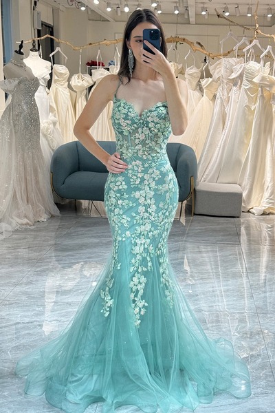 Mermaid Backless Light Green Prom Dress ,Long Corset Evening Dress With Appliques,PD231358