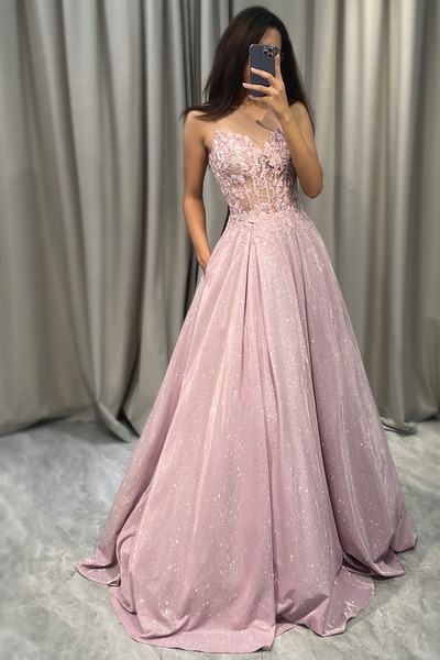 A Line Appliqued Blush Prom Dress ,Long Corset Evening Dress,PD231359