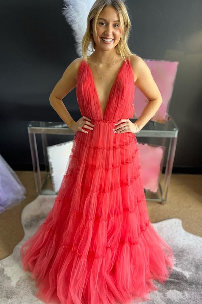 A Line Deep V Neck Backless Long Tulle Red Prom Dress,Evening Dress,PD231362