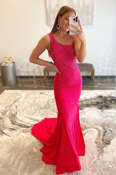 One Shoulder Mermaid Hot Pink Prom Dress,Evening Dress,PD231363