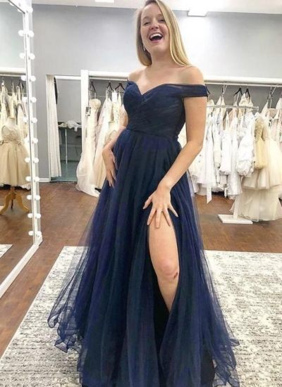 Simple Navy Blue Off Shoulder Tulle Prom Dresses