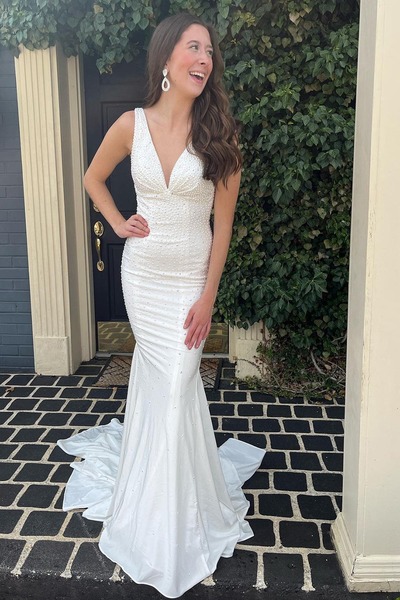 Mermaid Deep V Neck White Prom Dress,Long Evening Dress with Beading,PD231367