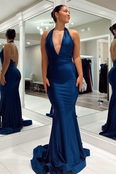 Backless Dark Blue Mermaid Evening Dress,Long Prom Dress,PD231368