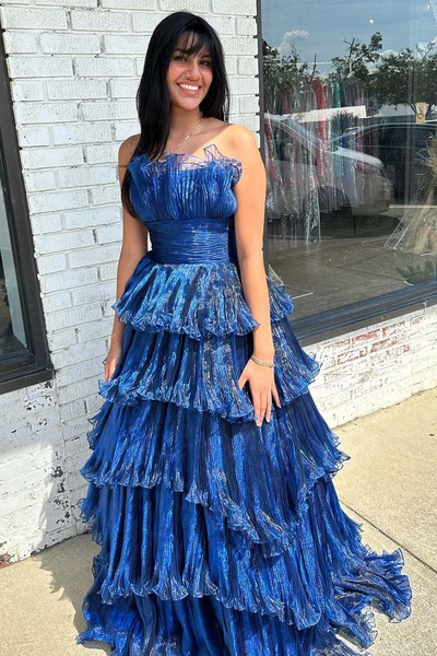 A Line Tiered Strapless Organza Navy Prom Dress,Long Evening Dress,PD231369