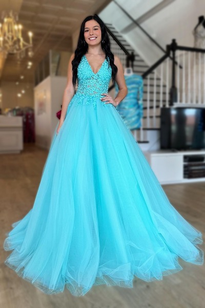 Tulle Sky Blue Deep V Neck Prom Dress Long Evening Dress with Appliques,PD231371
