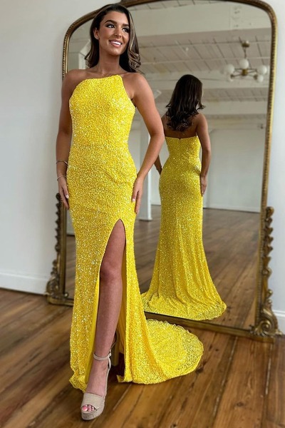 Detachable Straps Mermaid Sequined Yellow Prom Dress ,Evening Dress with Slit,PD231373