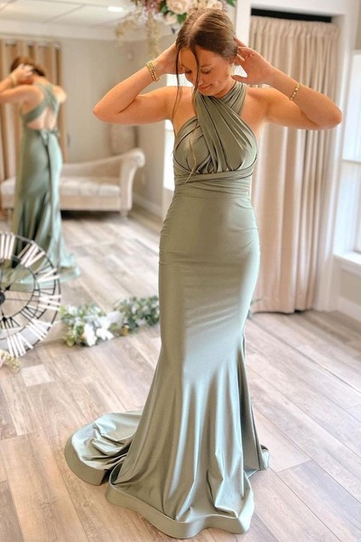 Mermaid Light Green Convertible Satin Prom Bridesmaid Dress,PD231374