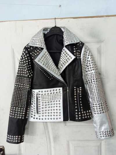 Ladies Brando Silver Black Cone Studded Leather Zippered Gothic Jacket