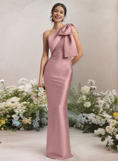 One Shoulder Satin Bridesmaid Dress With Bows,PD231376