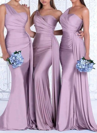 Mermaid One Shoulder Trumpet Elastic Satin Bridesmaid Dress,PD231377