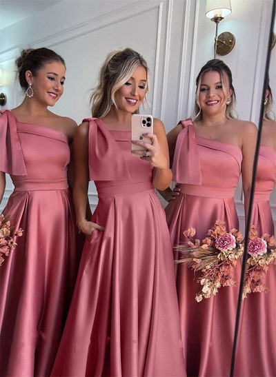 A Line Satin Bridesmaid Dress With Pockets,PD231386