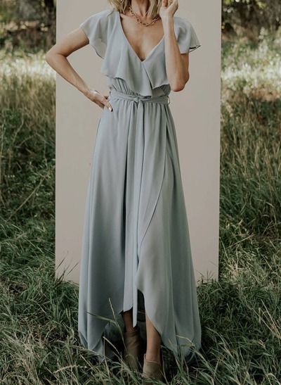 Chiffon Asymmetrical Bridesmaid Dress with Bows,PD231388