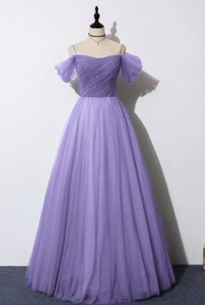 Simple A-line Purple Tulle Prom Dresses With Sequin