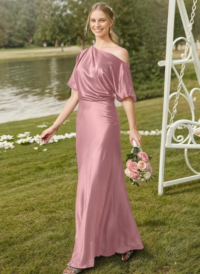 Short Sleeves Asymmetrical Neck Bridesmaid Dress,PD231389