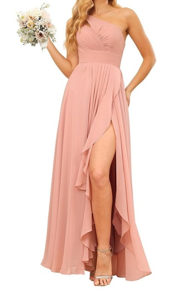 One Shoulder Dusty Rose Bridesmaid Dress Chiffon Wedding Guest Dress,PD231390