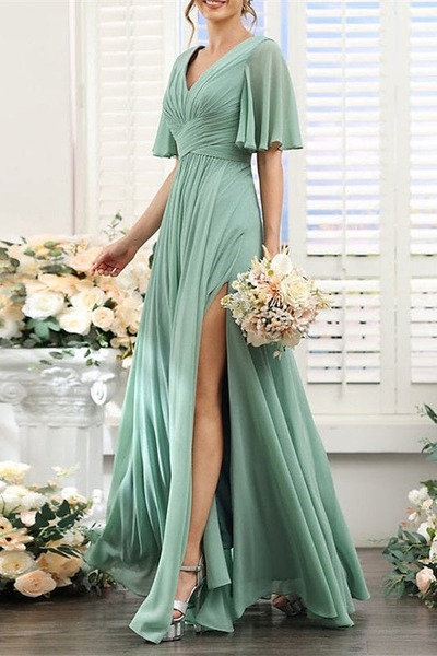 Green V Neck Short Sleeves Chiffon Bridesmaid Dress ,Wedding Guest Dress,PD231393