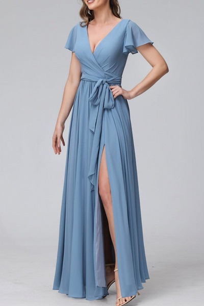 Blue Floor Length V-Neck Wrap Bridesmaid Dress,PD231394