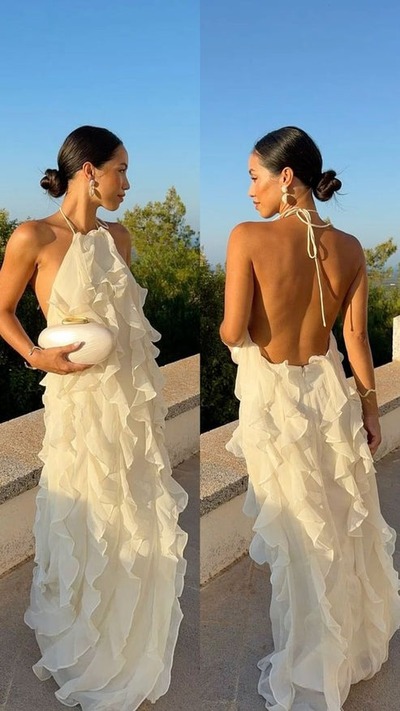 Ruffle Backless Halter Sleeveless Long Prom Dress,Evening Gown ,PD231401