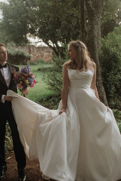 Elegant A Line White Satin Strapless Long Wedding Dress with Ruched,PD231404