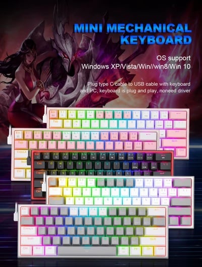Redragon K617 RGB USB Mini Mechanical Gaming Keyboard | 61 Keys | Red Switches | Wired