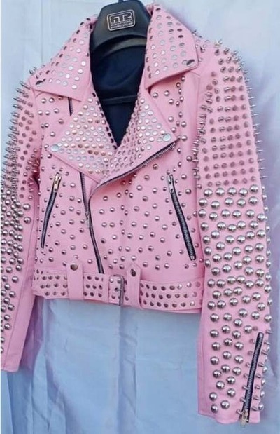 Crafted Leather Women Pink Studded Genuine Leather Punk Style Jacket