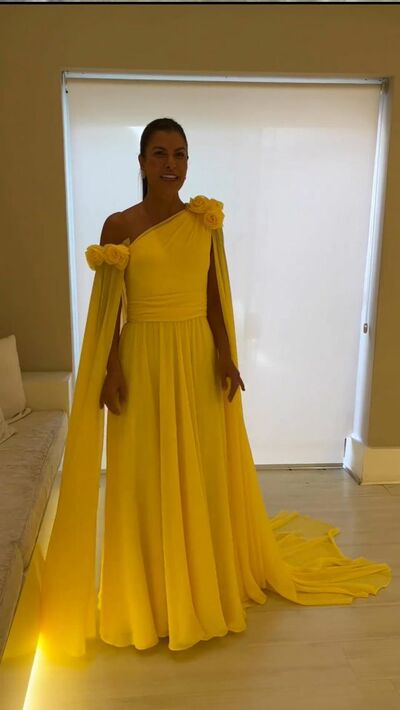 Elegant Yellow One Shoulder Handmade Flower Mother of the Bride/Groom Dress Evening Formal Prom Dress