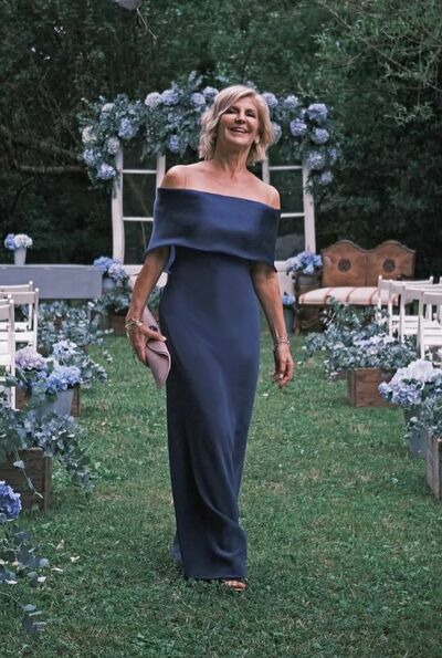 Elegant Navy Blue Sheath Off the Shoulder Mother of the Bride/Groom Dress Evening Formal Prom Dress