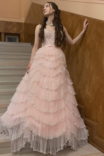 Strapless Sweetheart Ruffles Empire-Waist Pink Long Prom Dress,PD231409
