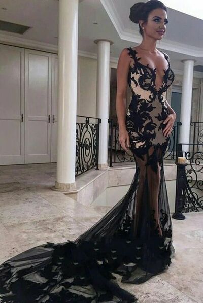 Sexy Black Lace Appliques Prom Dress Formal Dress Evening Gowns