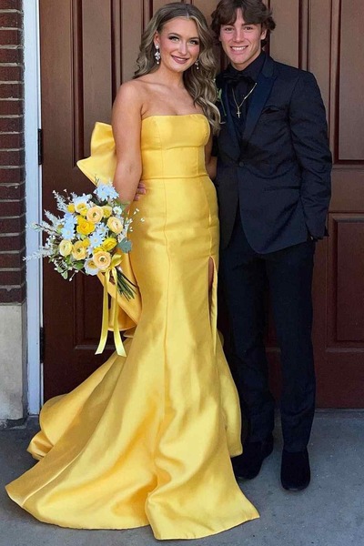Mermaid Yellow Strapless Scoop Satin Long Formal Prom Dress with Big Bow,PD231415