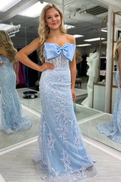 Mermaid Stunning Blue Strapless Lace Appliques Prom Dress with Bow,PD231418
