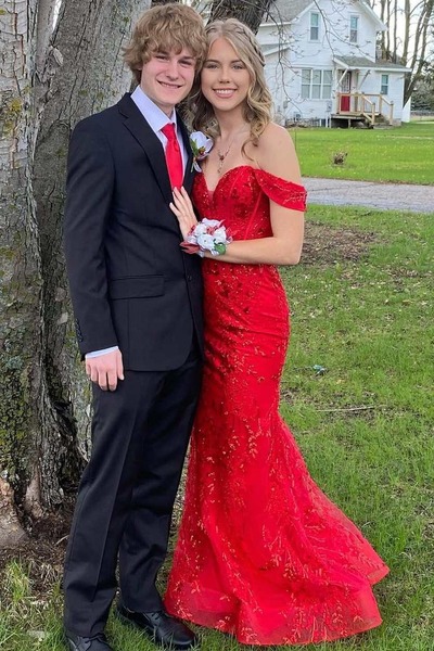 Mermaid Red Off-Shoulder Sweetheart Appliques Long Formal Prom Dress,PD231419