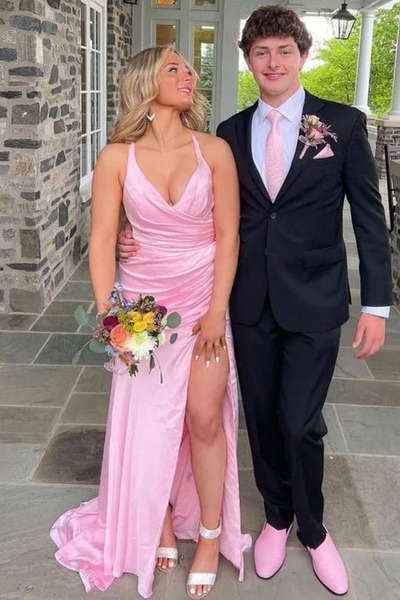 V-Neck Pink Satin Pleated Side Slit Sleeveless Long Prom Formal Dress,PD231420