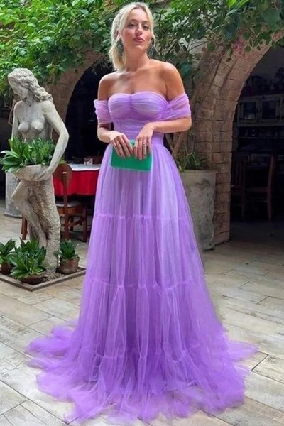 A-Line Off-Shoulder Sweetheart Empire-Waist Tulle Formal Prom Dress,PD231421