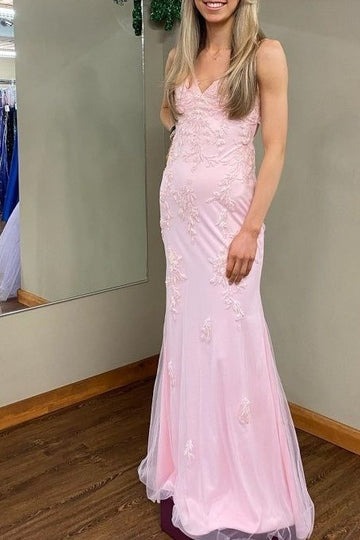 Spaghetti Straps Pink V-Neck Appliques Sleeveless Prom Dress,PD231422