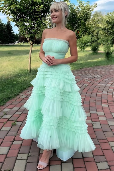 A-Line Mint Strapless Scoop Neck Layered Tulle Prom Dress,PD231424