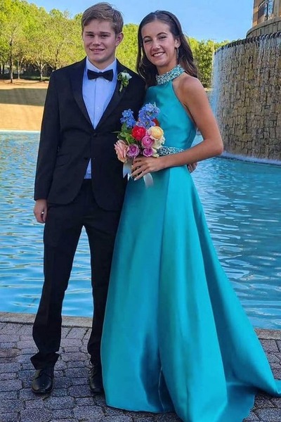 A-Line High Neck Empire-Waist Beads Sleeveless Formal Prom Dress,PD231425