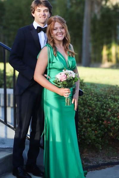 Deep V-Neck Sleeveless Pleated Satin Long Mermaid Formal Prom Dress,PD231427