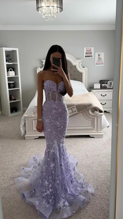 Elegant Sheath Purple Lace Appliques Prom Dress Formal Dress Evening Gowns